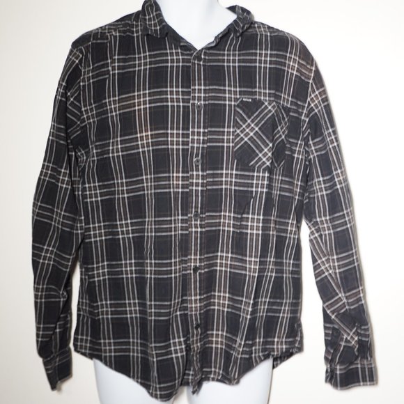 Hurley Long Sleeve Button Up Collared Shirt Men's Large Black/White Plaid - Picture 3 of 7